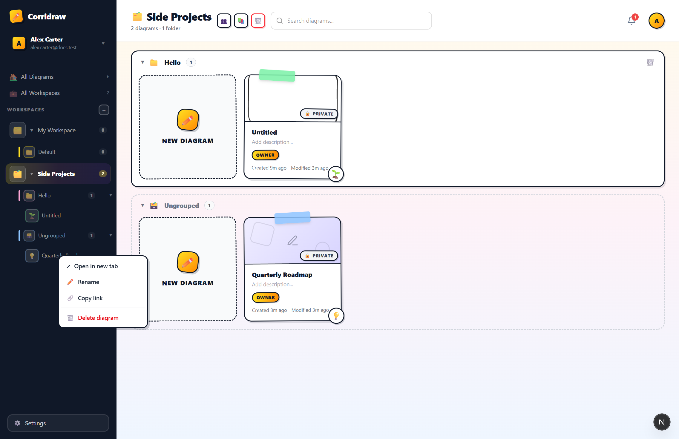 Right-click context menu on a diagram row, showing four entries — Open in new tab (arrow icon), Rename (pencil), Copy link (chain), then a divider and a red Delete diagram (trash)